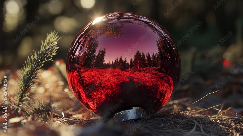 Poster a red ball with a reflection of trees in it