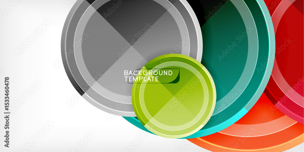 Poster Abstract circles overlap, creating vibrant color gradients. Modern design elements suggest technology, innovation, energy. Black background enhances visual impact.