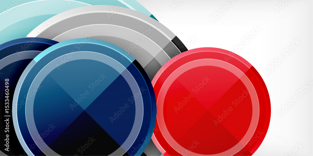 Poster abstract circles overlap, creating dynamic composition. blue, red, gray tones dominate design. moder