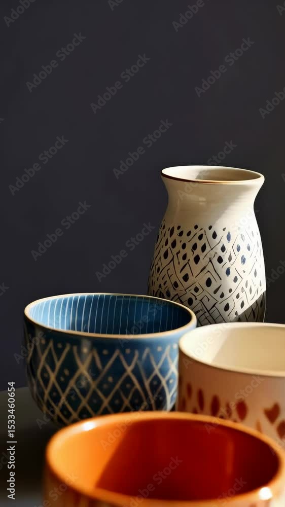 Poster assorted ceramic bowls and a patterned vase on a tabletop surface with diverse colors and designs in