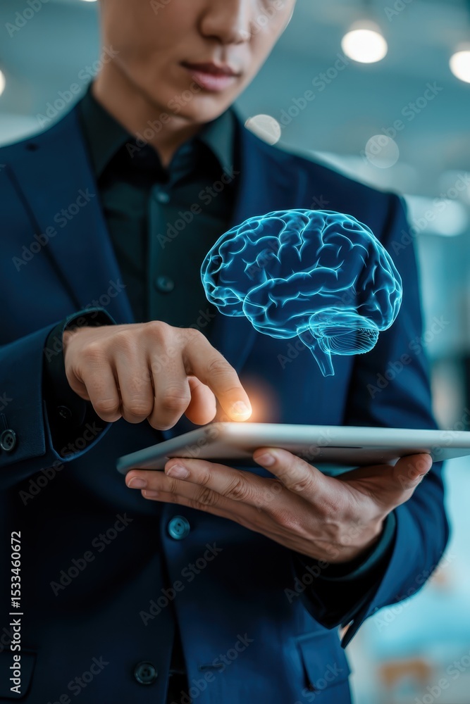 Poster close-up of a person interacting with a tablet displaying a holographic brain.