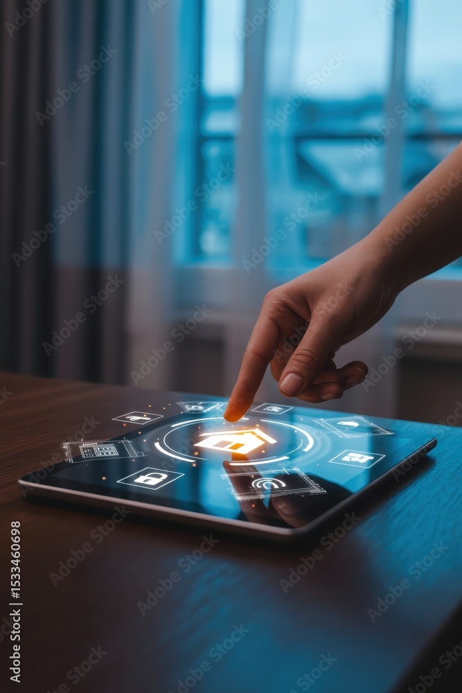 Poster a hand interacts with a digital tablet displaying a smart home interface.