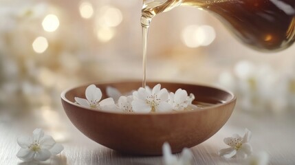 A bowl of flowers with honey poured over them