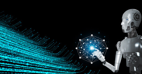 A futuristic robot interacting with a network of data points, a modern concept in technology.