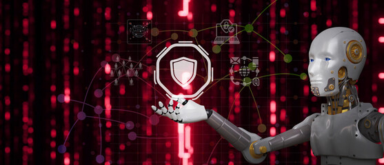A futuristic AI robot presenting a data protection shield in a digital cyber world, embodies cutting-edge technology, symbolizing secure online connectivity.