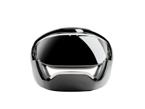 Futuristic black VR headset, sleek design, transparent background, isolated view, technology concept, modern interface, virtual reality experience, head mounted display, front view, - Powered by Adobe