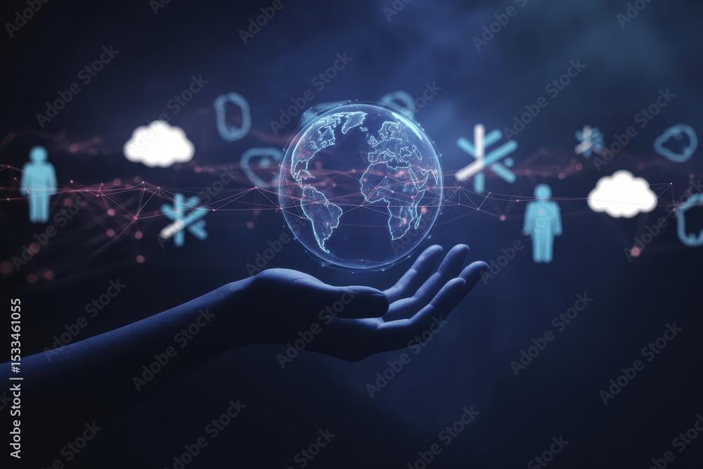 Poster digital globe held in a hand with interconnected global symbols.