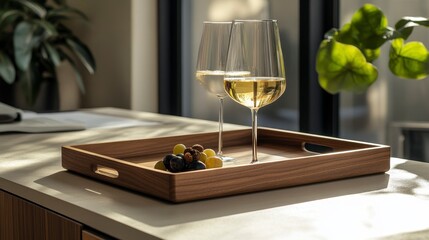 Two glasses of white wine on a wooden serving tray with grapes, sitting on a kitchen counter in sunlight.