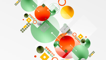 Abstract geometric shapes overlap, creating dynamic composition. Circles, squares, rectangles present vibrant color palette. Minimalist design.