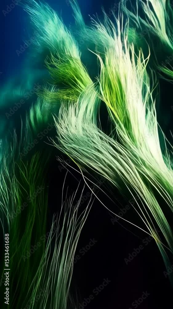 Poster abstract organic flow of vibrant green and white luminous strands, dynamic wavy patterns creating an