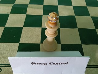 Queen Chess piece on a green and black checkered chessboard. symbolic of queen control concept,...