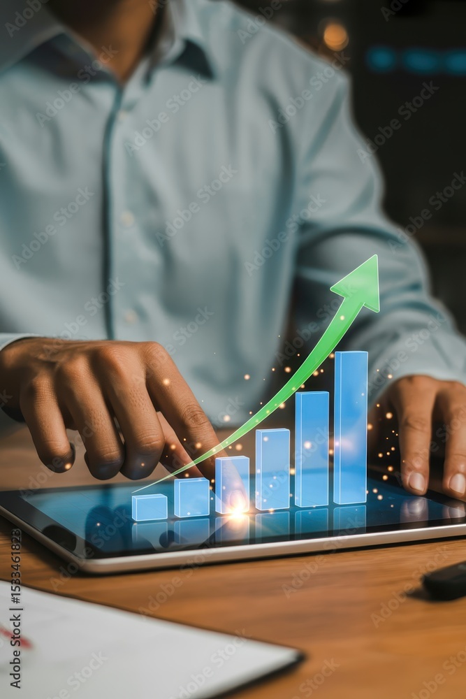 Poster digital graph of increasing bar chart on a tablet.