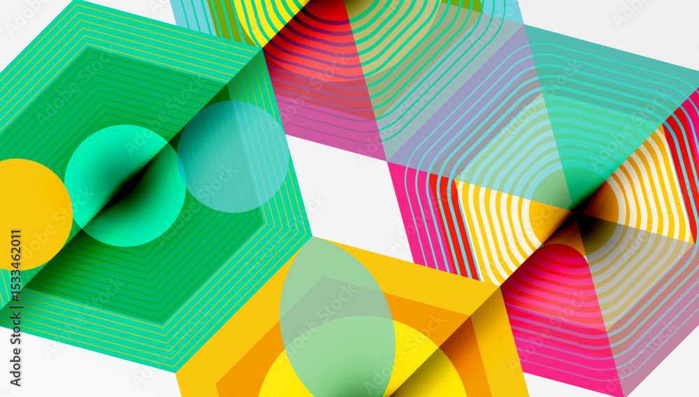 Poster abstract geometric composition. colorful lines, circles, hexagons overlap creating dynamic visual ef
