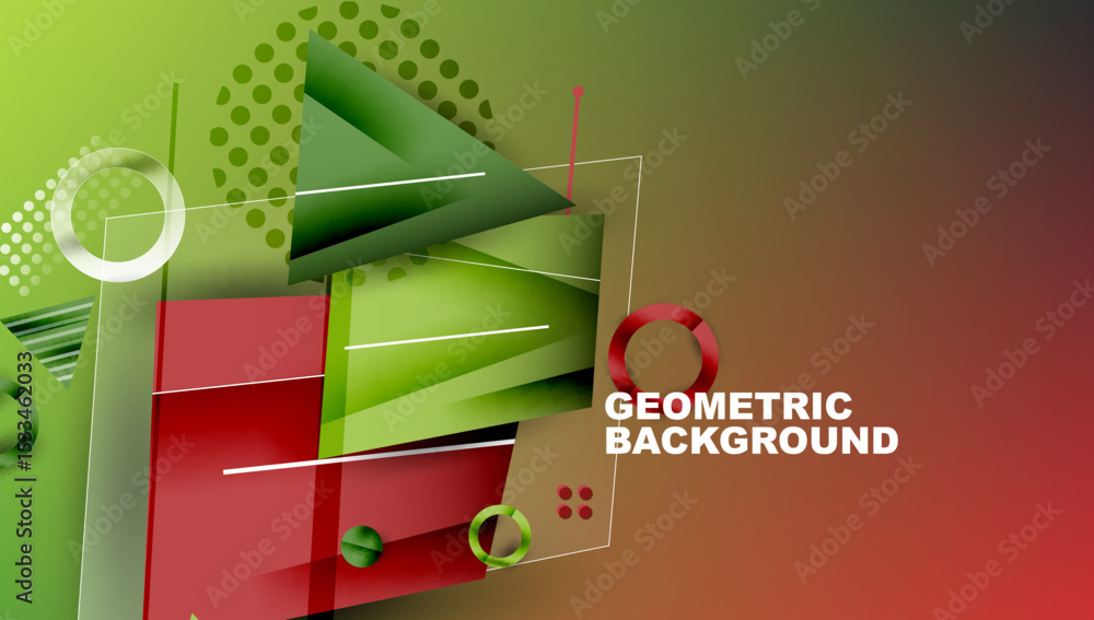 Poster Abstract geometric composition. Green, red gradients dominate design. Shapes overlap creating dynamic visual effect. Modern style.