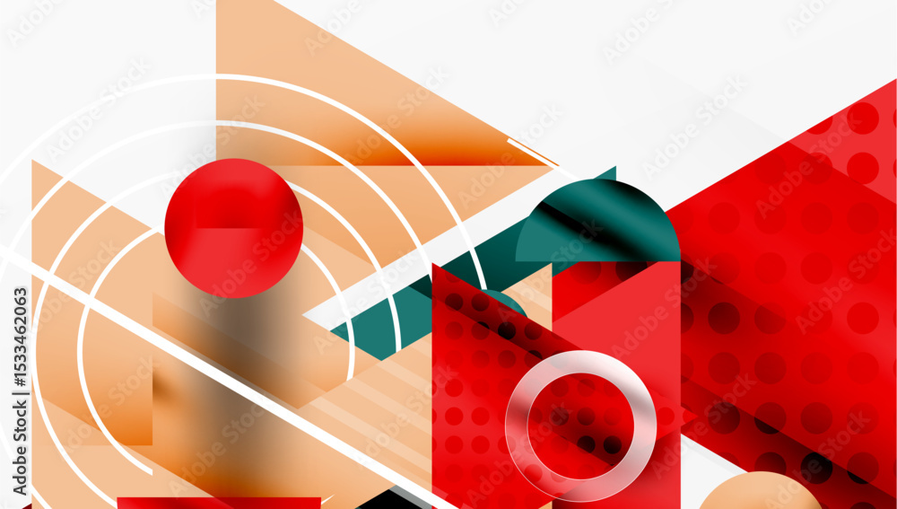 Aufkleber Abstract geometric composition. Red, orange, white shapes intersect. Circles, triangles create dynamic visual effect. Modern design elements present.
