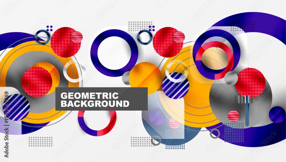 Aufkleber Abstract geometric composition. Circles, squares, rectangles overlap creating dynamic visual effect. Bright colors dominate design.