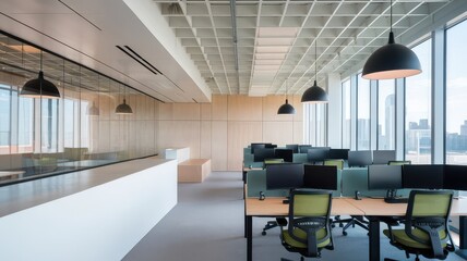Minimalist workspace interior with city view, designed for collaborative teams