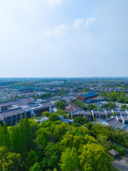 Aerial view of Shanghai Qingpu Zhujiajiao ancient town on sunny day.