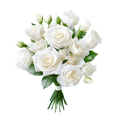 Obraz premium Elegant bouquet of white roses with lush green foliage perfect for celebrations and special occasions isolated on white transparent background PNG cutout 
