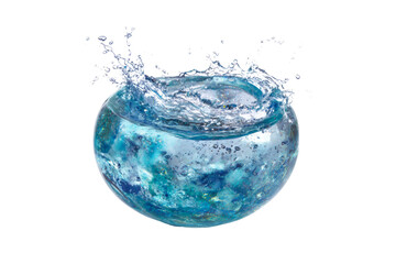 A blue glass bowl with water in it is shown with a splash of water coming out of