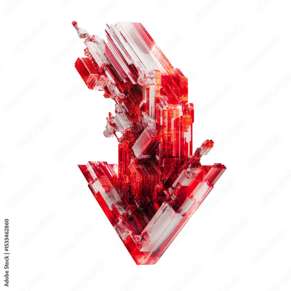 Poster a red and white building with a downward arrow on it