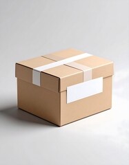 Square Cardboard Box with Lid and White Label on a Light Background