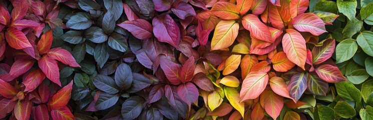 A stunning display of colorful leaves showcasing vibrant autumn hues ranging from green to deep purple. An ideal backdrop for seasonal themes.