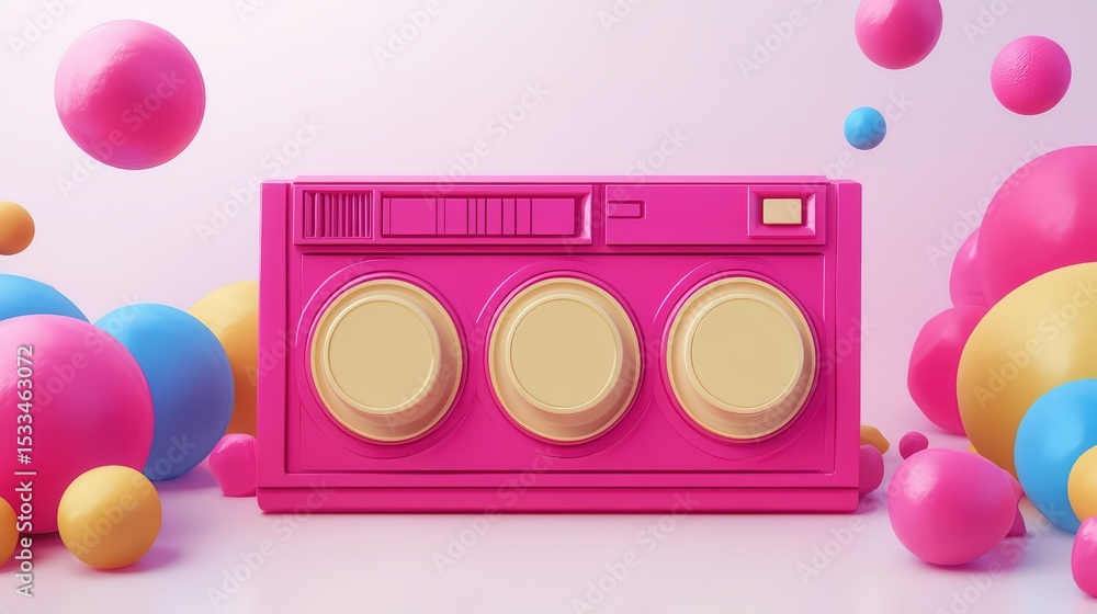 Poster retro stylized appliance with spheres, creating a nostalgic and playful composition