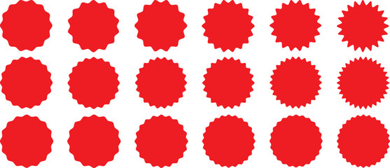 Star burst shape tags for price.Red sale tag.price tag, starburst, quality mark, retro stars, sale.Set of red starburst. Price sticker, sale sticker, Circle sticker set. Wavy edge promo red badges.