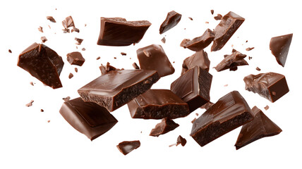 Dark chocolate chunks falling against a black background showing delicious treats and food concepts isolated on white transparent background PNG cutout
