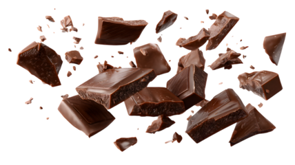 Dark chocolate chunks falling against a black background showing delicious treats and food concepts isolated on white transparent background PNG cutout
