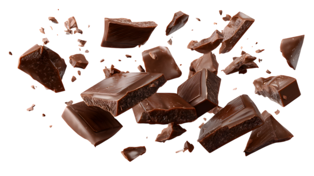 Dark chocolate chunks falling against a black background showing delicious treats and food concepts isolated on white transparent background PNG cutout
