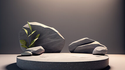 Stone podium with dramatic lighting, surrounded by large rocks and green tropical leaves, perfect for nature-inspired product presentations or outdoor-themed branding.