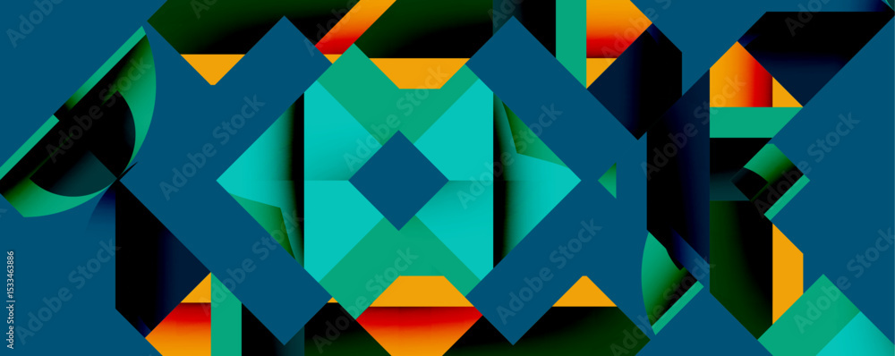 Poster abstract geometric pattern. vivid colors blend, creating complex shapes. teal, orange, red dominate 