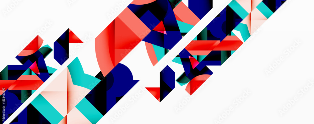 Poster abstract geometric shapes overlap, creating dynamic composition. red, blue, teal hues dominate white