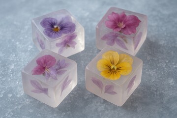 Soap Resembling Ice Cubes with Frozen Flower Petals Inside, Set on an Icy Surface