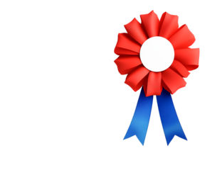 Red rosette award ribbon with blank circle, blue ribbons, transparent background, isolated, achievement, success, celebration, winner, prize, competition, victory, accomplishment, honor, recognition,