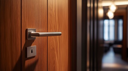 Obraz premium Modern silver door handle on rich wood door, interior design detail.