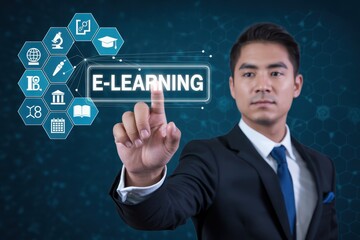 Businessman pointing at an e-learning interface.