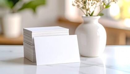Stack of blank business cards with white vase and flowers on marble surface