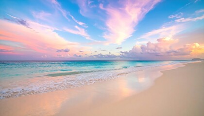 Fototapeta premium Tropical Beach at Sunrise with Pink and Blue Sky Reflections on Calm Sea Shore