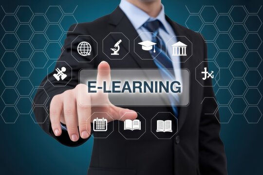 A hand touches a button of e-learning interface with education icons.