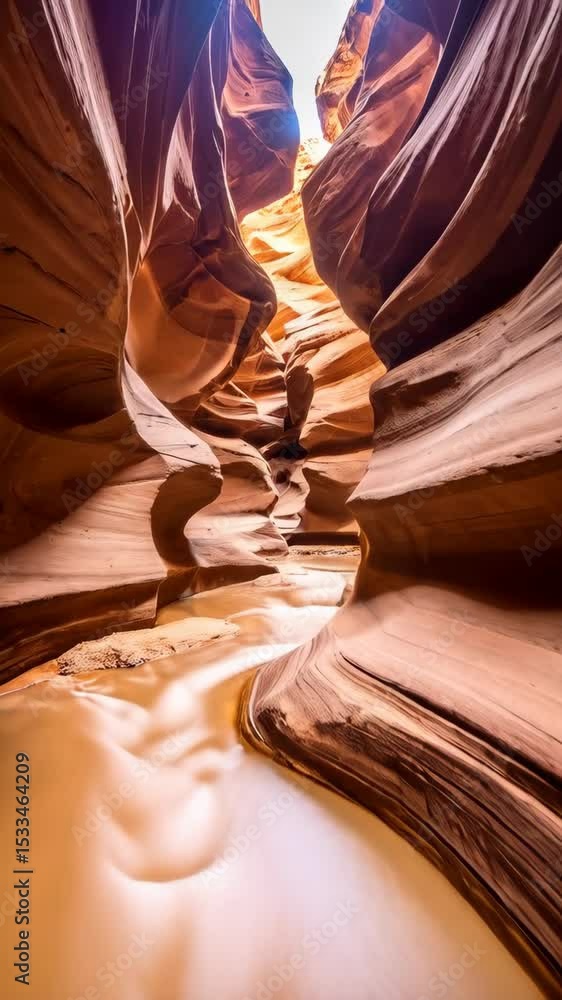 Poster sandstone canyon with flowing stream of water creating long exposure blur effect, warm color palette