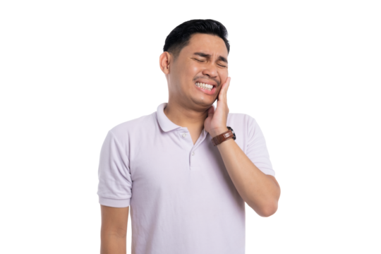 Young man suffering from toothache touching his cheek in pain while wearing casual shirt isolated on transparent background - Powered by Adobe