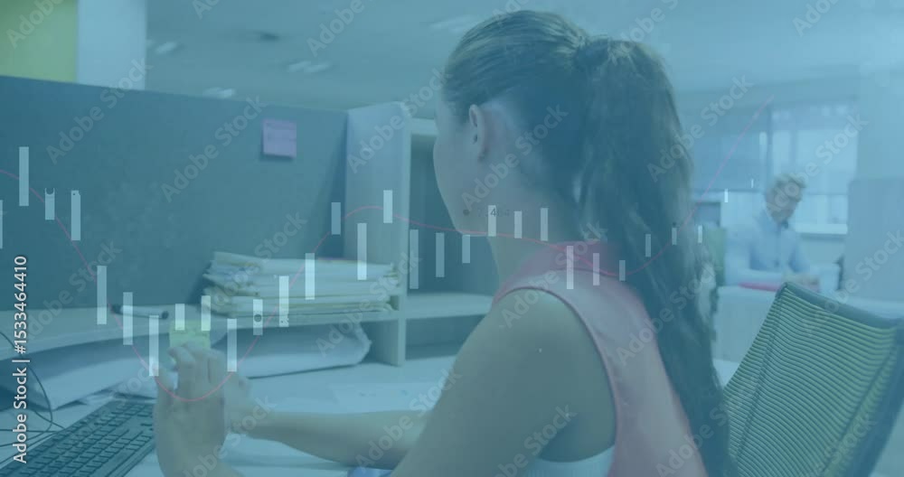 Poster female worker typing at keyboard in cubicle then glancing at coworker and walking into open office