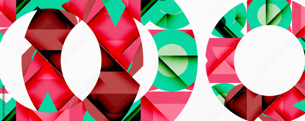 Poster abstract geometric design. red, green, white shapes create symmetrical pattern. modern digital illus