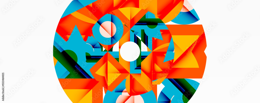 Aufkleber Abstract geometric composition. Bright colors, triangles, rectangles form circular pattern. Modern design, vibrant, dynamic.