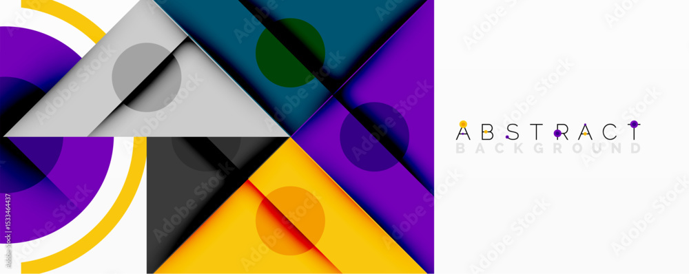 Poster Geometric shapes overlap, creating vibrant colorful design. Circles, triangles, squares form modern abstract composition.