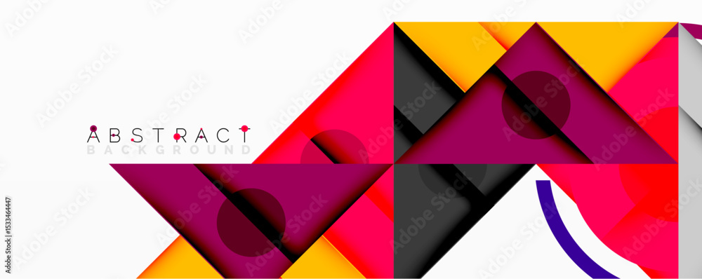 Poster Geometric shapes overlap, creating vibrant colorful abstract background. Modern design utilizes pink, purple, yellow hues.