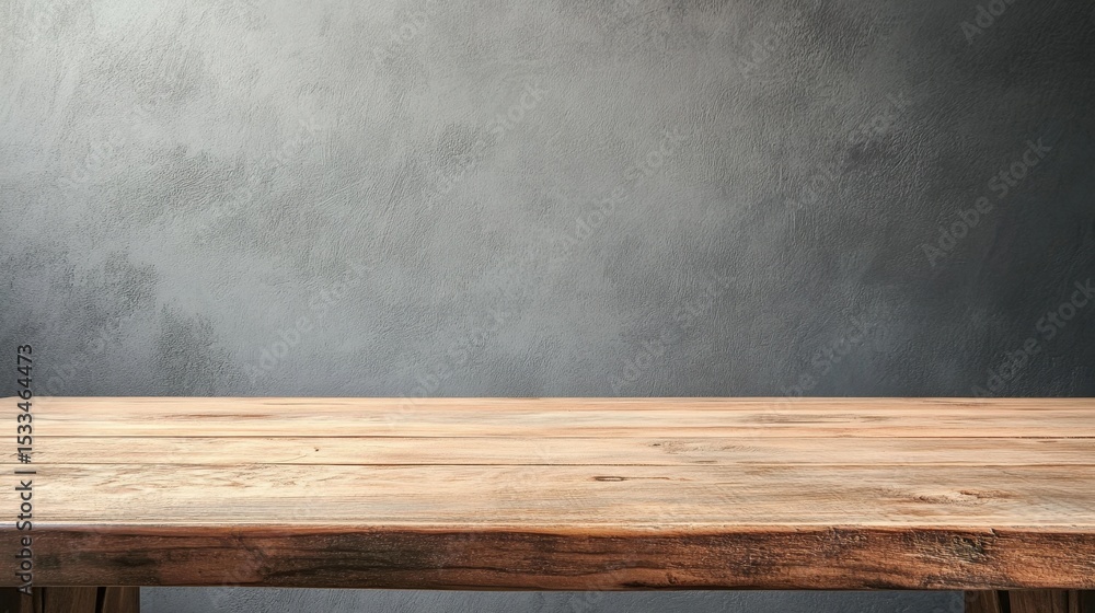 Poster a rustic wooden table featuring a gray textured background, perfect for showcasing products or creat